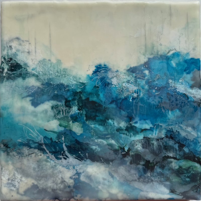Moments suspended - F, Encaustic medium & Alcohol ink on board, 10"x 10" (29cm x 29cm framed) 