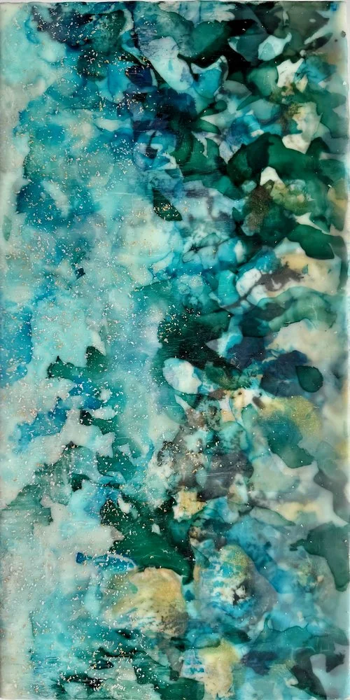 Dappled water II, Encaustic medium,  Alcohol ink and metal leaf on board, 20"x 10" (54cm x 29cm framed) 🔴