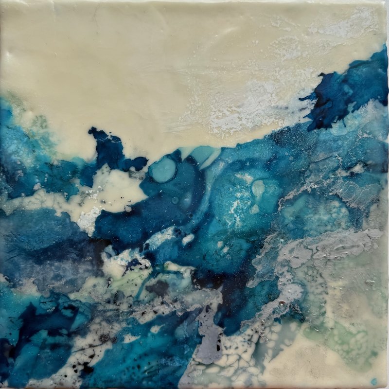 Moments suspended - E, Encaustic medium & Alcohol ink on board, 10"x 10" (29cm x 29cm framed) 