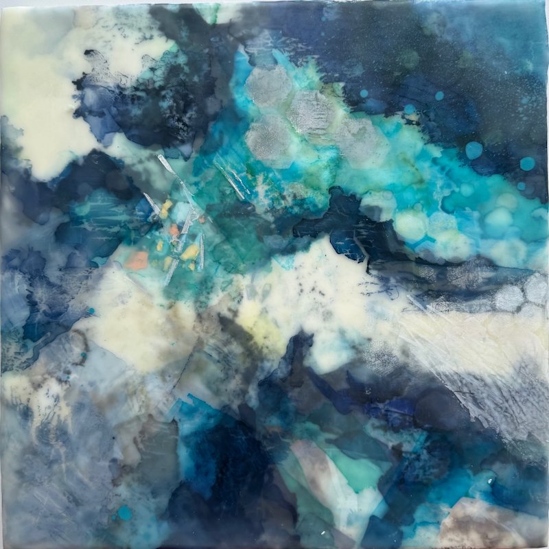 Moments suspended - I, Encaustic medium & Alcohol ink on board, 12"x 12" (34cm x 34cm framed) 
