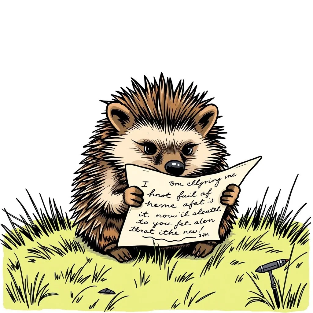 Cartoon hedgehog holding a piece of paper with text on grass.