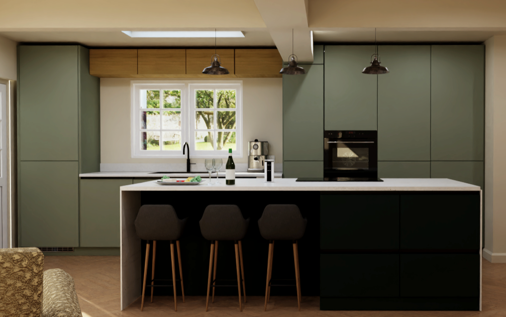 Modern kitchen with a white island, copper fixtures, bar stools, a black stove, and a wooden door.