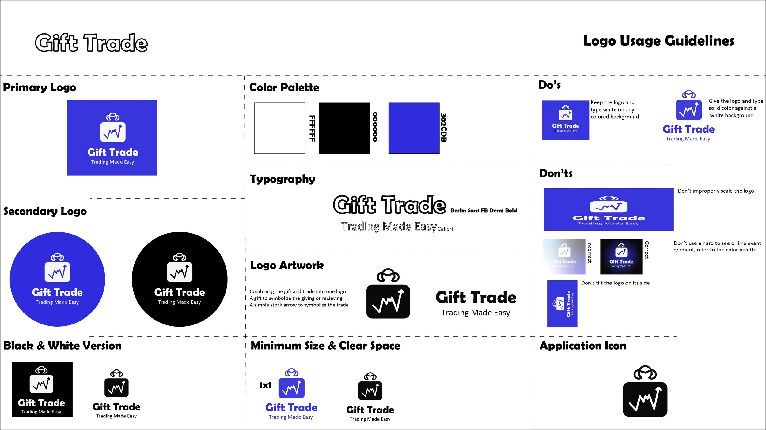 Guide for logo usage and design for Gift Trade, featuring primary, secondary, and black & white logo variations, color palette, typography, application icons, and dos and don'ts for logo placement and scaling.