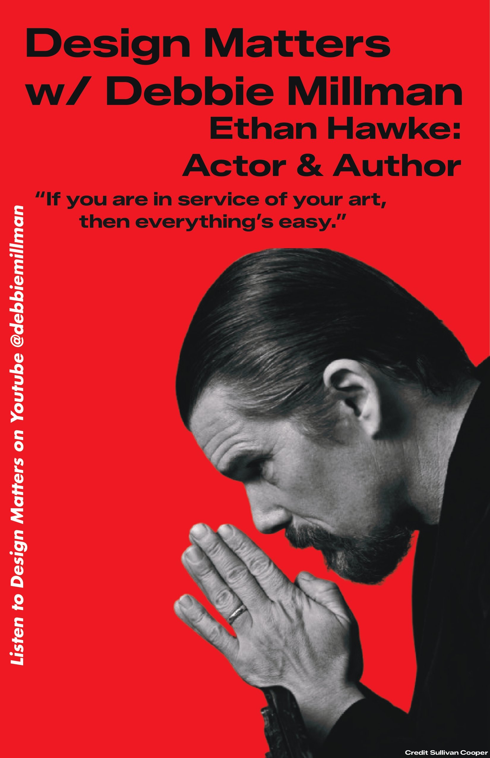 Black and white photo of Elon Musk with eyes closed, fingers pressed together in prayer or concentration, against a red background.