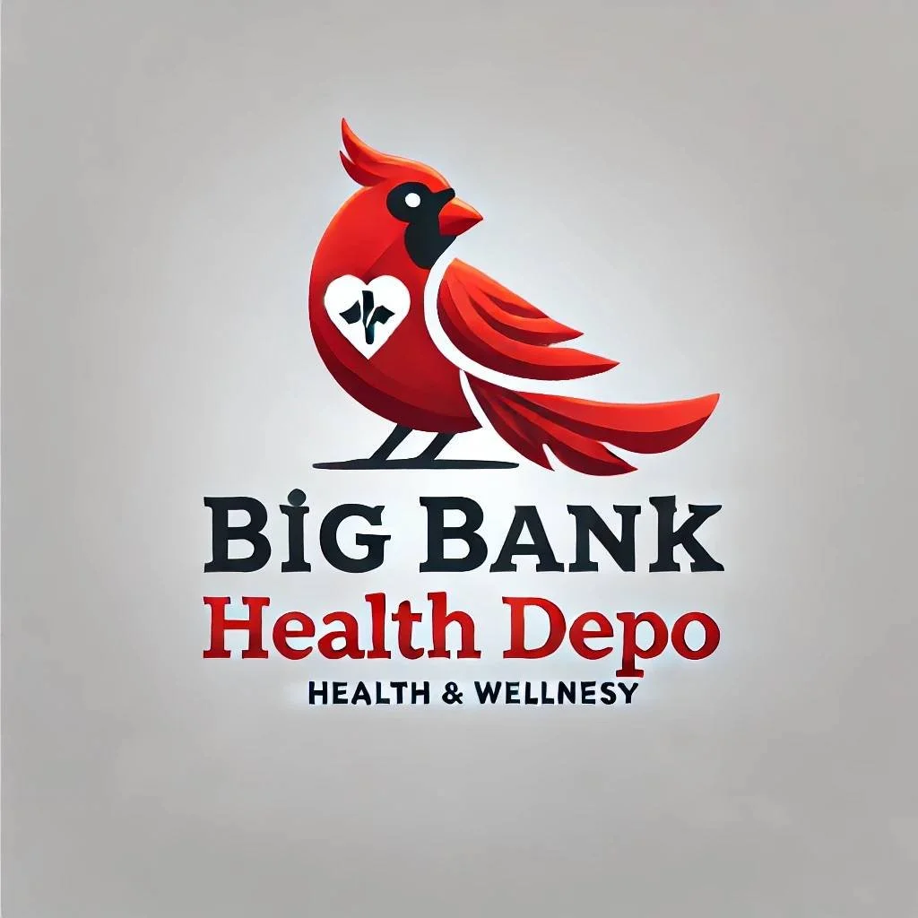 Logo featuring a red cardinal bird with a broken heart symbol on its chest, next to the text 'Big Bank Health Depo' and 'Health & Wellnes' on a plain light background.