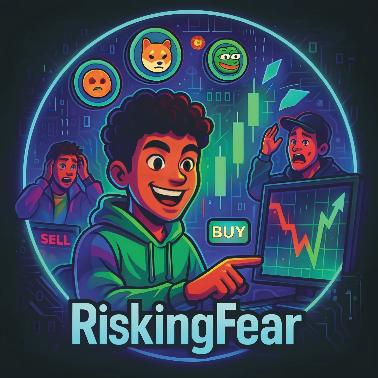 Digital illustration depicting two young men in a financial trading setting, with a central teen smiling and holding a tablet showing a rising stock graph. One young man looks distressed with a 'SELL' sign, while another looks worried with a 'BUY' sign. The background features financial charts, digital icons, and emoticons representing fear and uncertainty.