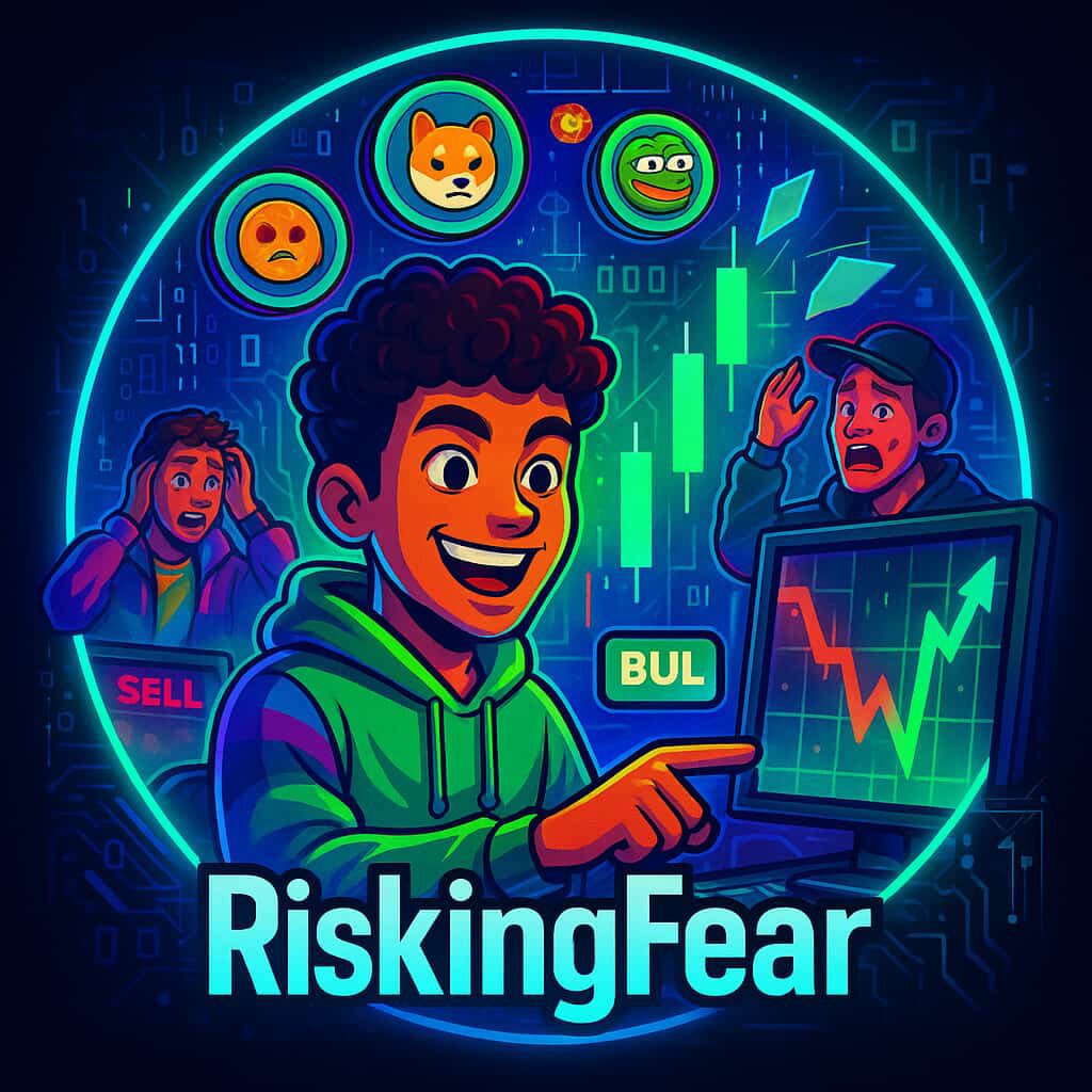 Digital illustration of a young man with curly hair smiling and pointing at a computer screen showing stock market graphs. Two people in the background appear distressed, one holding their head and another raising their hand. Above, four emoticons with expressions of sadness, concern, and Pepe the frog with a neutral face are displayed. The scene represents financial risk and market volatility, with the word "RiskingFear" at the bottom.
