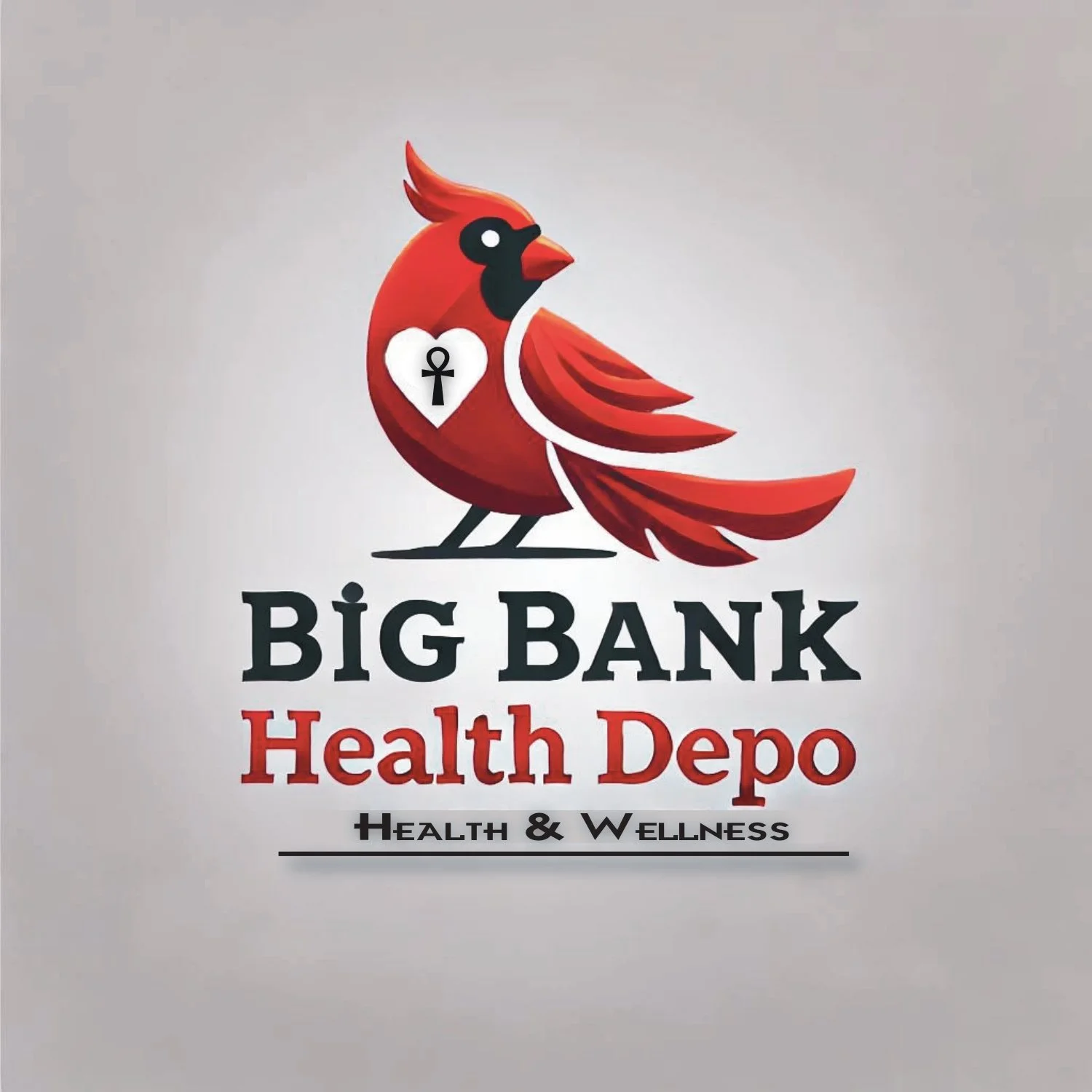 Logo for Big Bank Health Depot featuring a red cardinal bird with a white heart and an ankh symbol on its chest, text reading 'Big Bank Health Depot' and 'Health & Wellness'.