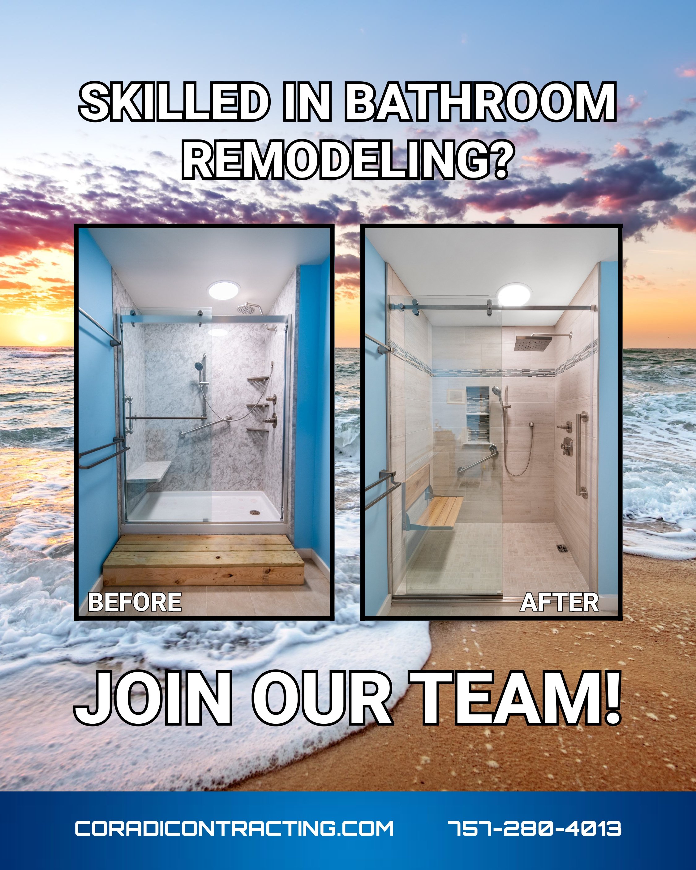 Before and after images of a bathroom remodel, with a shower area and glass door, set against a beach background with ocean and sunset, and text inviting to join the remodeling team, displaying contact information.