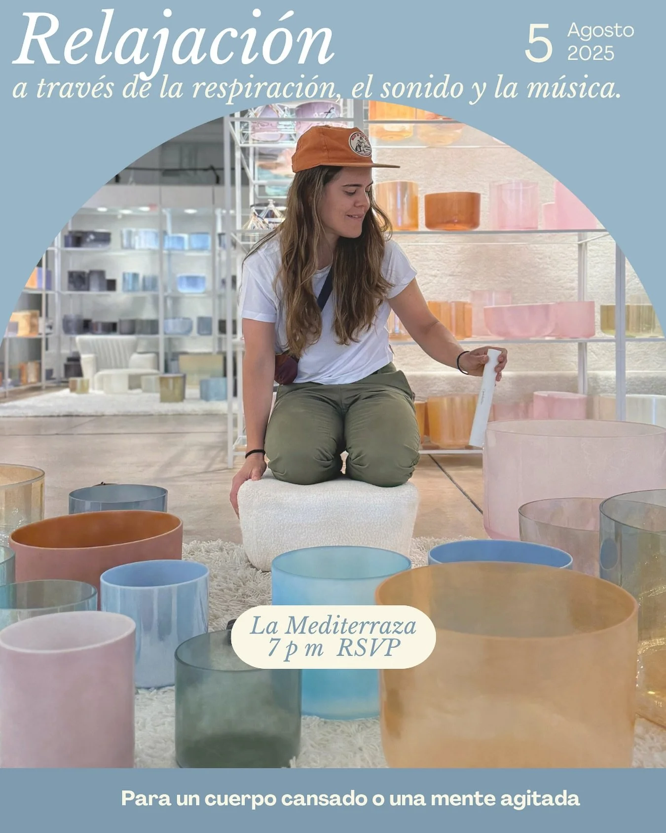 Nos reunimos una vez m&aacute;s en La Mediterraza ma&ntilde;ana martes 5 de agosto a las 7pm para una sesi&oacute;n de descanso profundo y de meditaci&oacute;n, usando la respiraci&oacute;n y el sonido como veh&iacute;culos para adentrarnos en la con