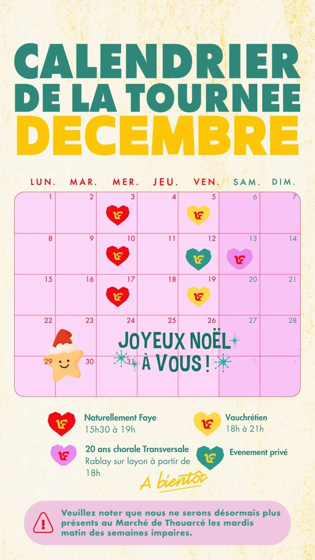 Bienvenue en d&eacute;cembre ! 
Nouveaut&eacute; sur la carte : des p&eacute;pites sont de retour pour votre plus grand plaisir

Retrouvez nous aujourd'hui mercredi 03 d&eacute;cembre d&egrave;s 15h30 &agrave; Naturellement Faye
 
☎️Pensez &agrave; r