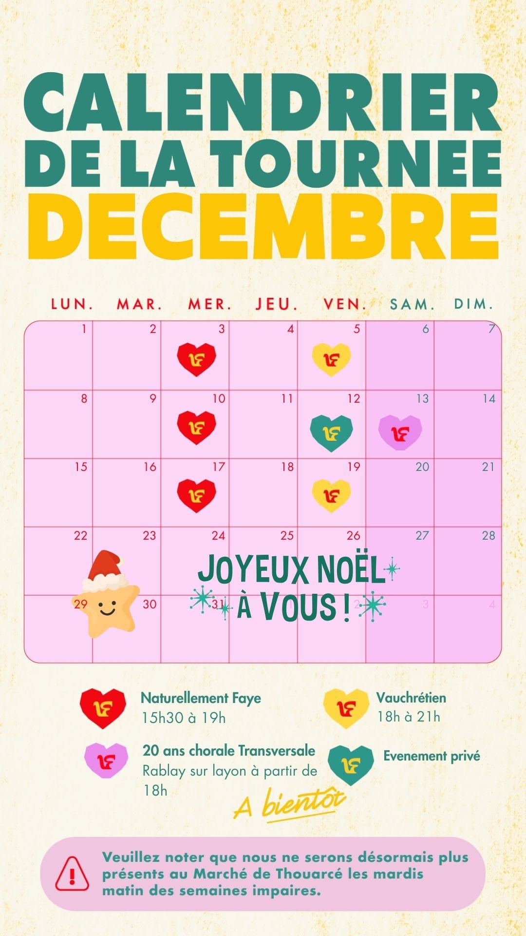 Bienvenue en d&eacute;cembre ! 
Nouveaut&eacute; sur la carte : des p&eacute;pites sont de retour pour votre plus grand plaisir

Retrouvez nous aujourd'hui mercredi 03 d&eacute;cembre d&egrave;s 15h30 &agrave; Naturellement Faye
 
☎️Pensez &agrave; r