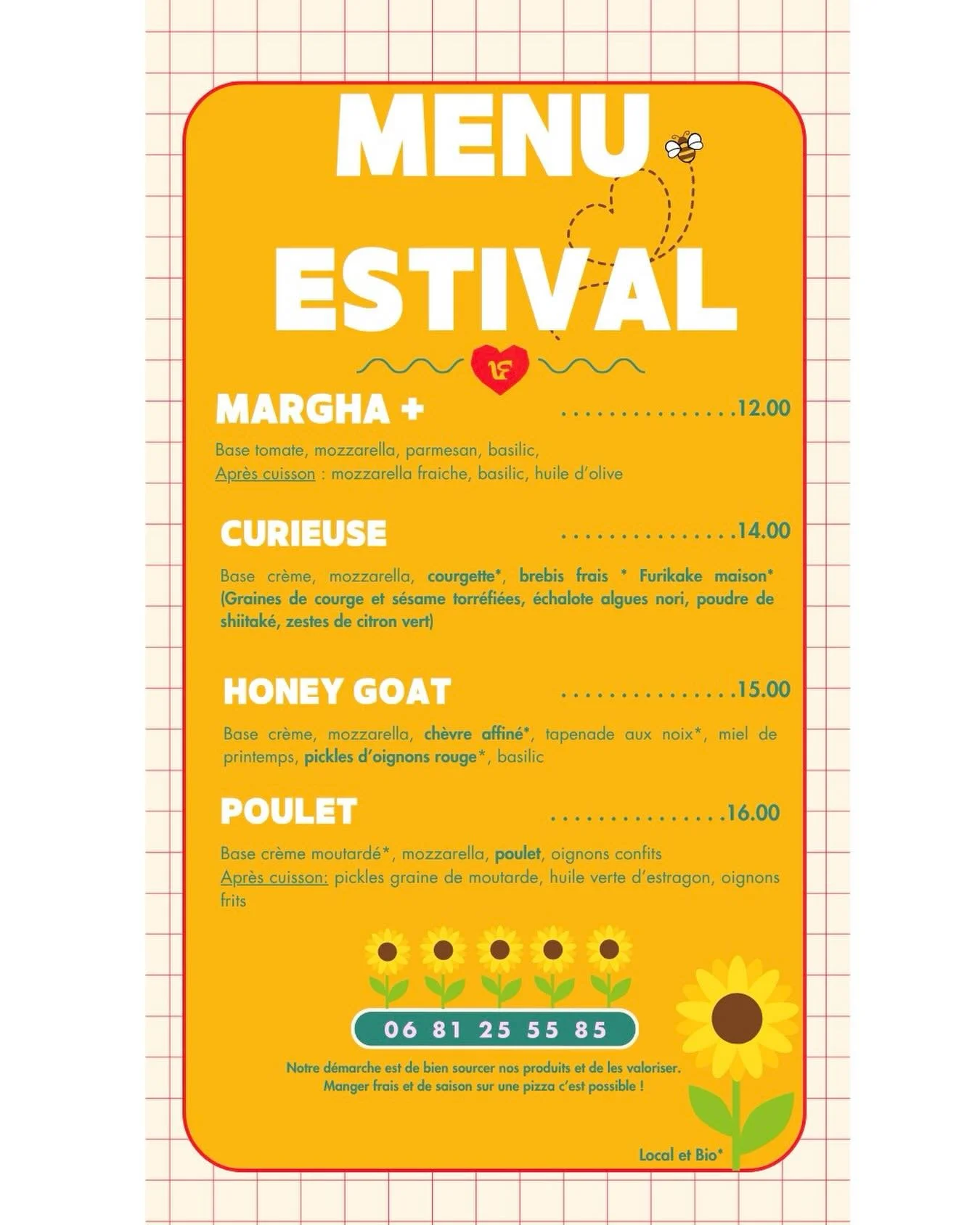 La carte estival du moment (on va pas se priver de travailler les beaux produits de saison)☀️
De la brebis, du ch&egrave;vre, de la courgette !! 🔥

Mercredi : d&egrave;s 15h30 Naturellement Faye 
Vendredi : 12h Brasserie la bestiole midi 
  18h Vauc