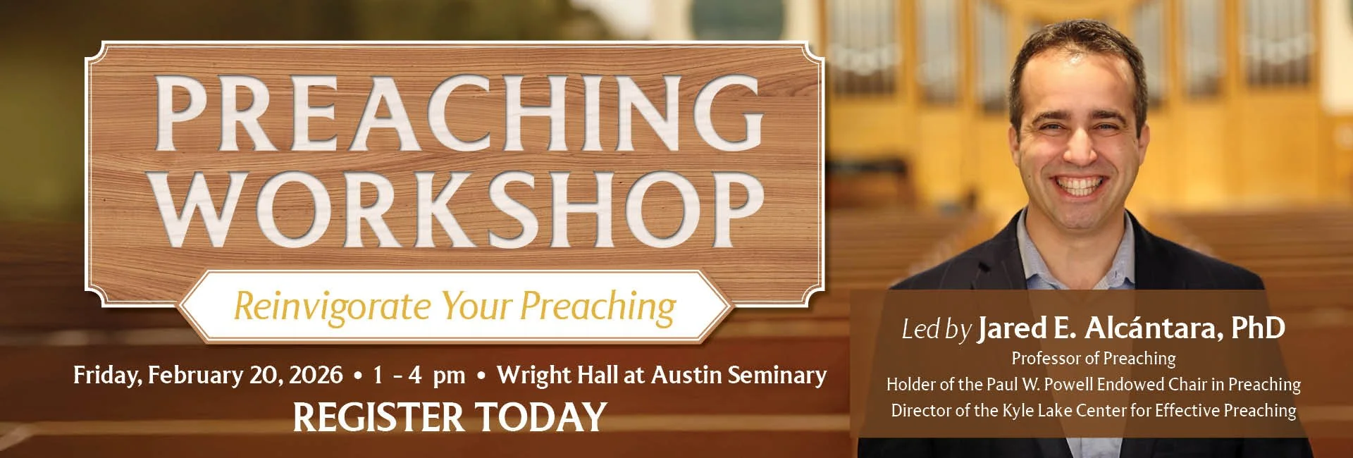 Poster for preaching workshop with man smiling inside a church
