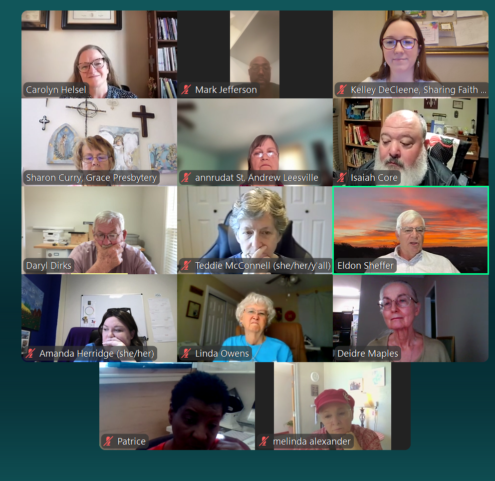 Screenshot of a virtual meeting with fifteen participants, some with photos background including bookshelves, religious icons, and sunset scenery. Participants have neutral or smiling expressions, with some wearing glasses.