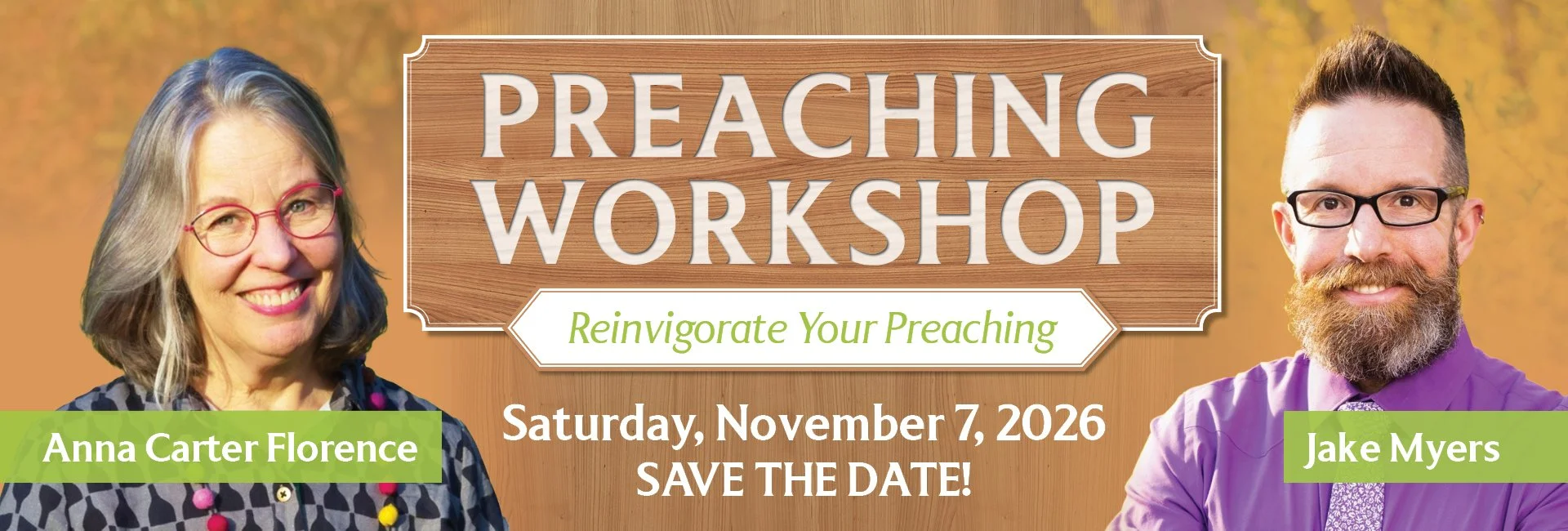 Woman and man smiling next to a poster for Preaching Workshop