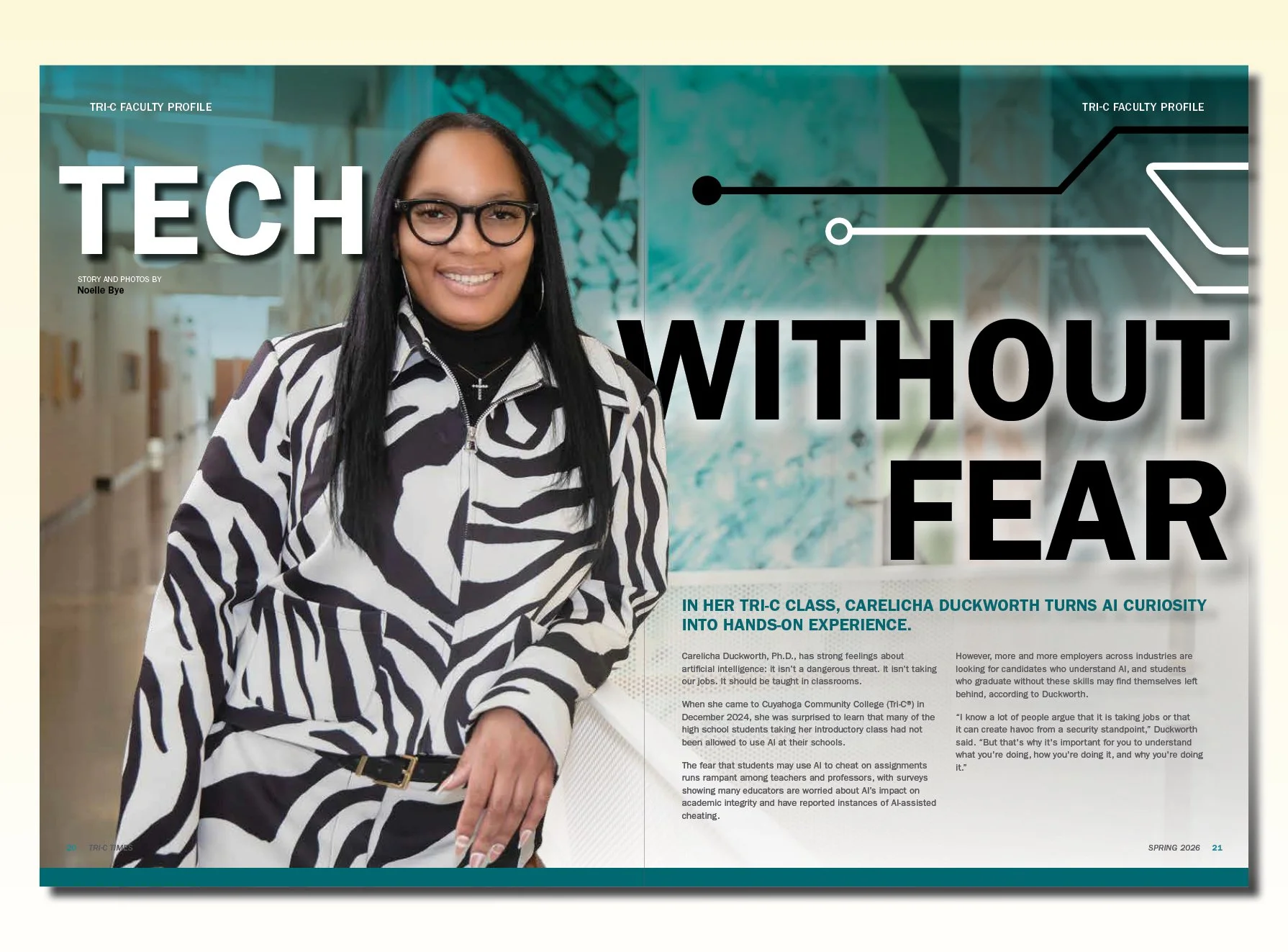 Faculty profile section of Tri-C Times publication featuring a bio of one of the school's Computer Science professors and her work related to AI. Created with Adobe Photoshop and InDesign.