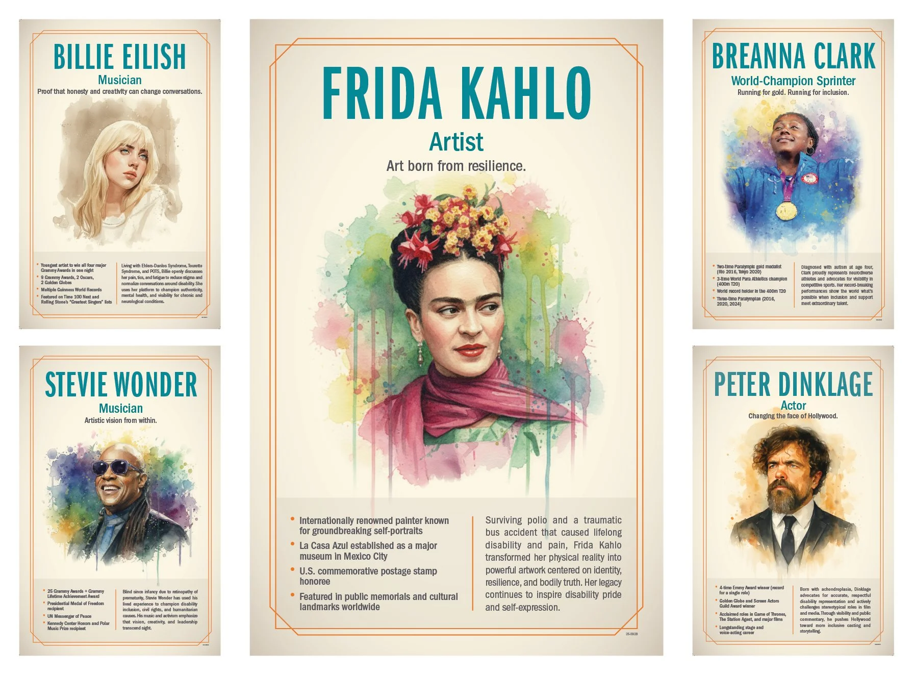Set of creative and informative posters done for Cuyahoga Community College's Student Accessibility Services department featuring prominent cultural figures who have overcome the challenges of living with a disability. Created using Photoshop, Adobe 