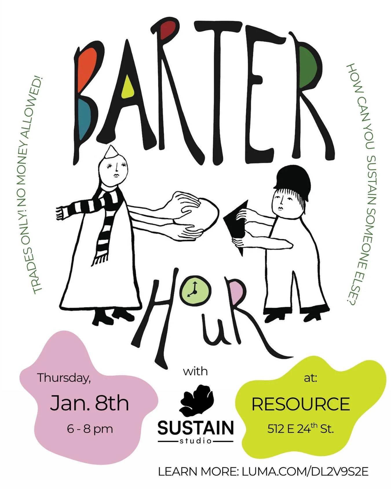 Let&rsquo;s trade!! 🌿

Bring what you have to offer, and trade for something new.

Barter Hour is a unique, Minneapolis-based event series where guests arrive with goods and services to trade with one another. No money, just trading.

This time arou