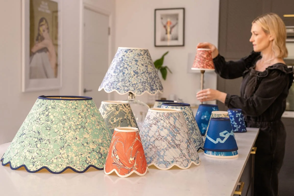 Handmade paper marbled and cyanotype lampshades