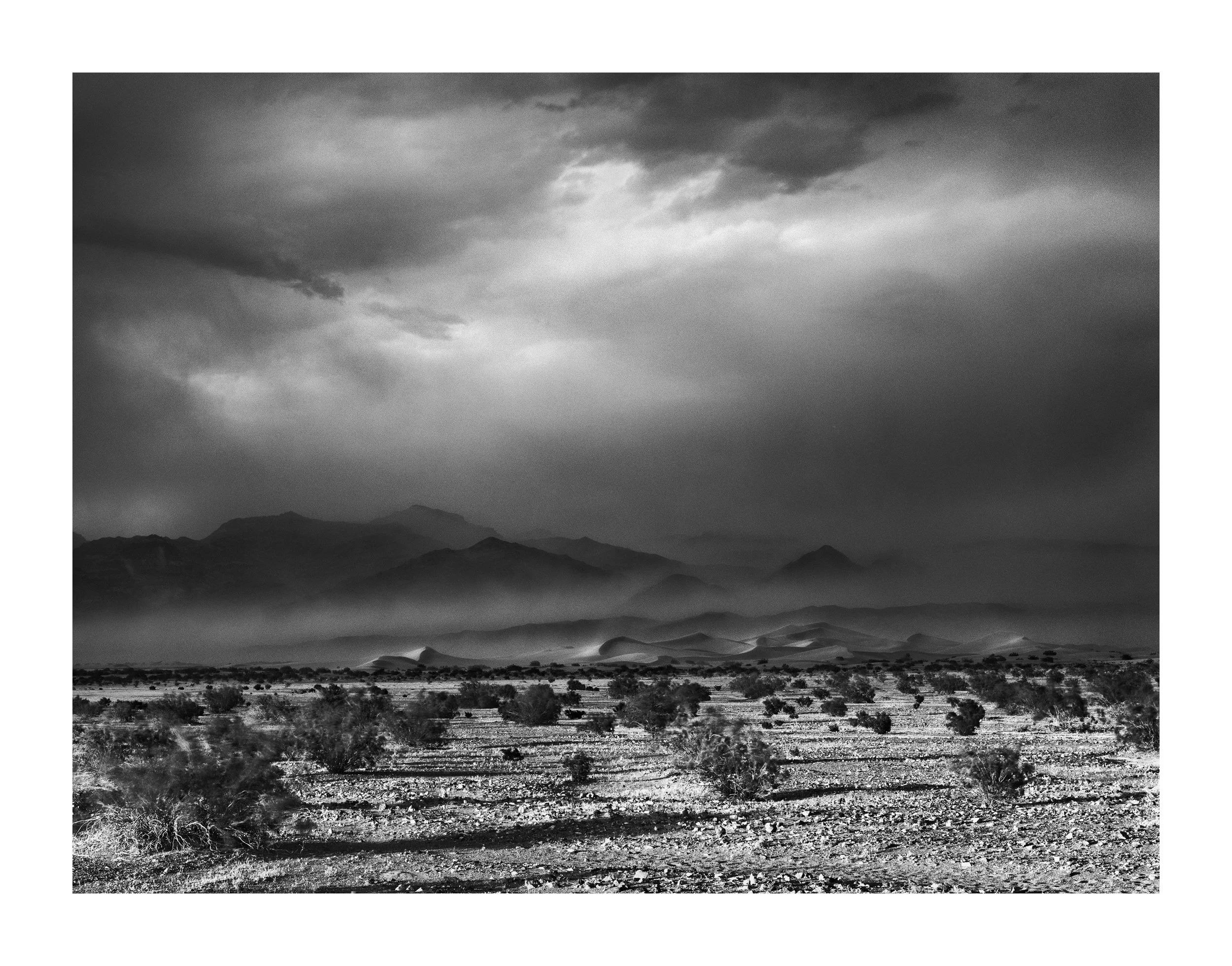 Black and white landscape photograph of a desert with scattered bushes, mountains in the background, and dark storm clouds overhead.