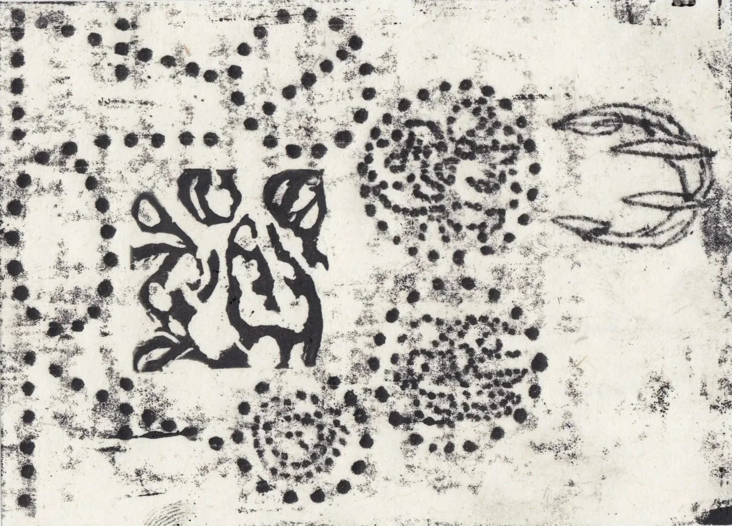 MTBW009 - Monotype & Linocut stamp on washi paper 3.3” x 4.5”