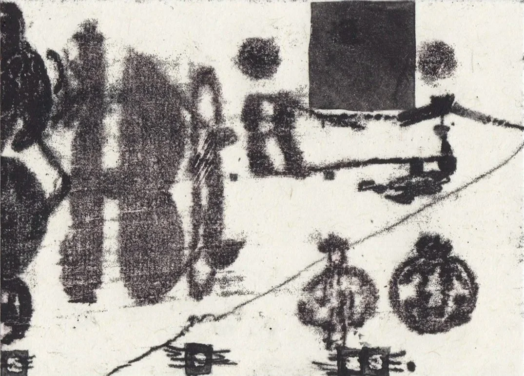 MTBW011 - Monotype & Linocut stamp on washi paper 3.3” x 4.5”