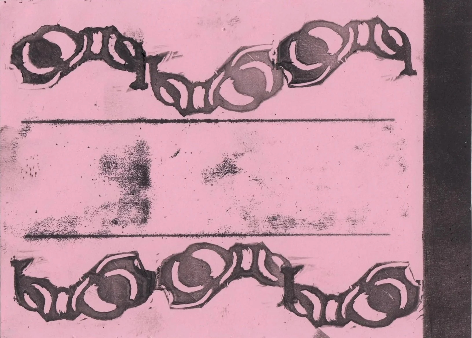 MTBW008 - Monotype & Linocut stamp on pink printer paper 3.3” x 4.5”