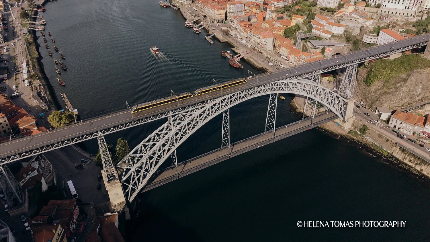 Aerial view of the Dom Luís I Bridge and Douro River in Porto