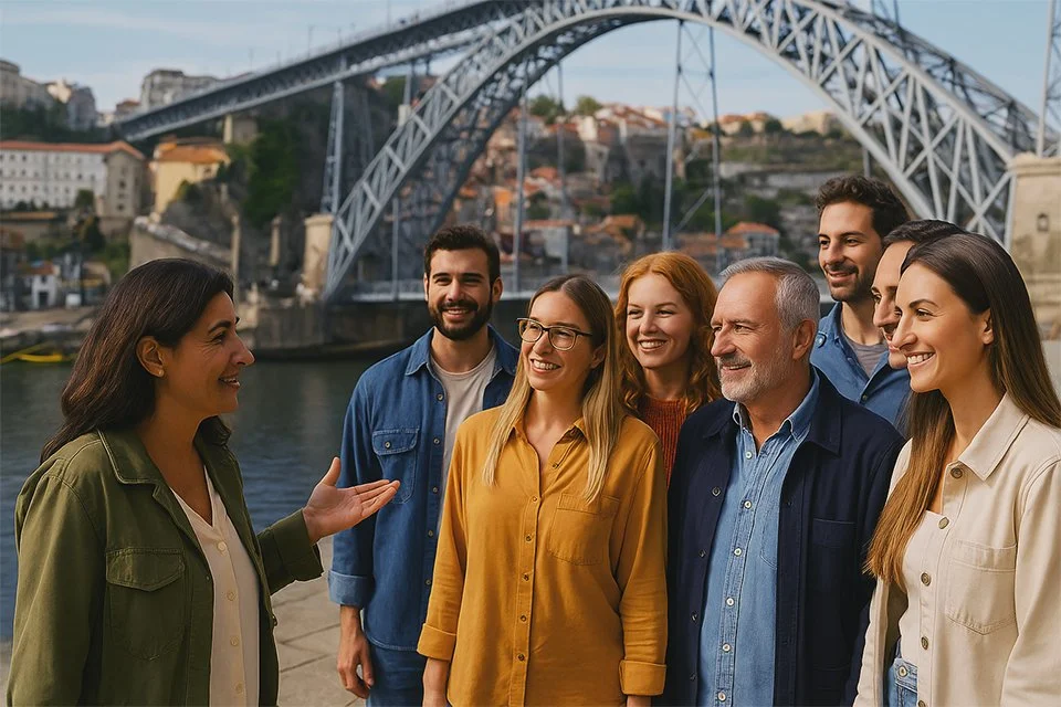 A group of tourists listening to a female tour guide in front of the Luís I Bridge in Porto