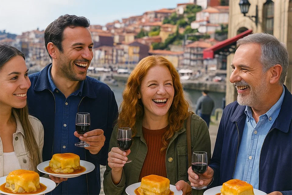 People smiling and enjoying Francesinha and Port wine along the Douro River in Porto, with colourful Ribeira buildings in the background