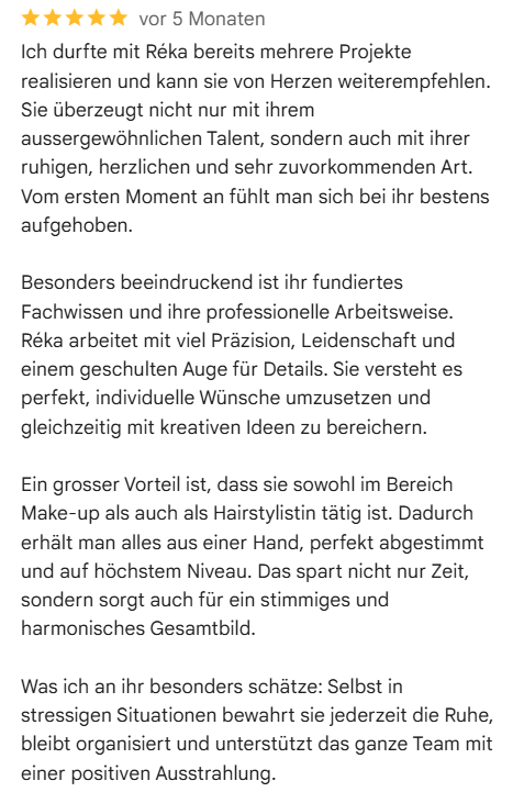 Screenshot einer Bewertungsseite mit fünf Sternen und einem Text in deutscher Sprache, der eine positive Rezension beschreibt.