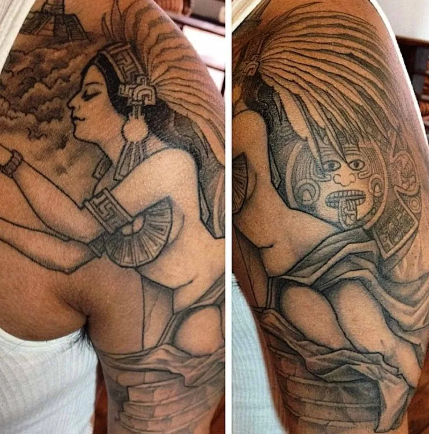 Mayan and aztec inspired tattoo in black and grey on a shoulder and upper-arm by tattooer Jason June. 