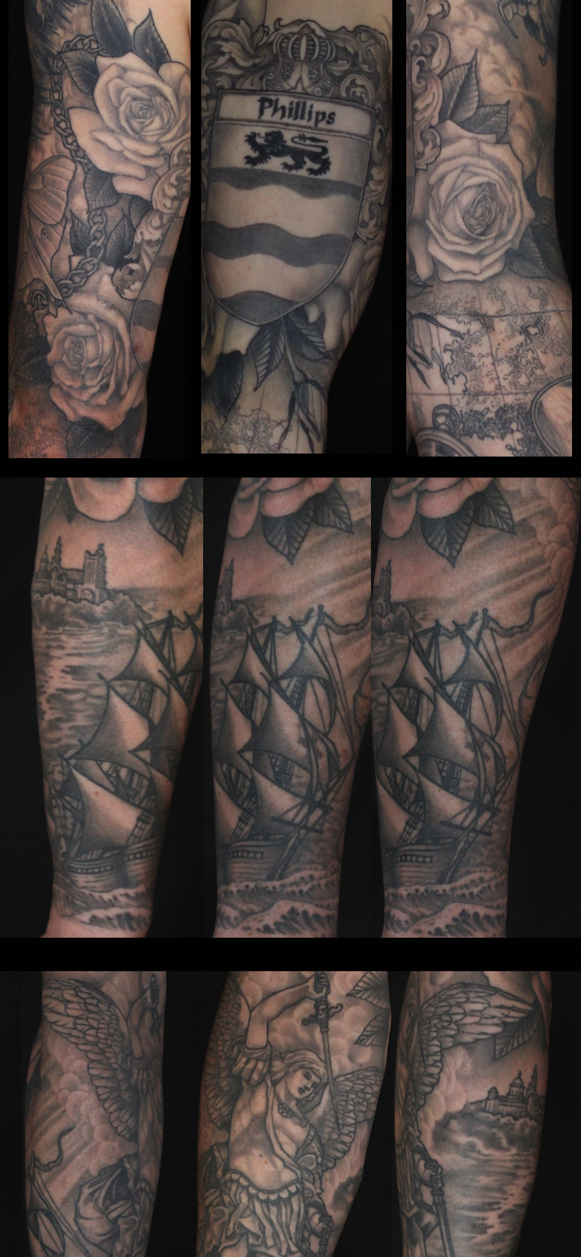 Page from the Jason June tattoo book showing black and grey tattoo designs.