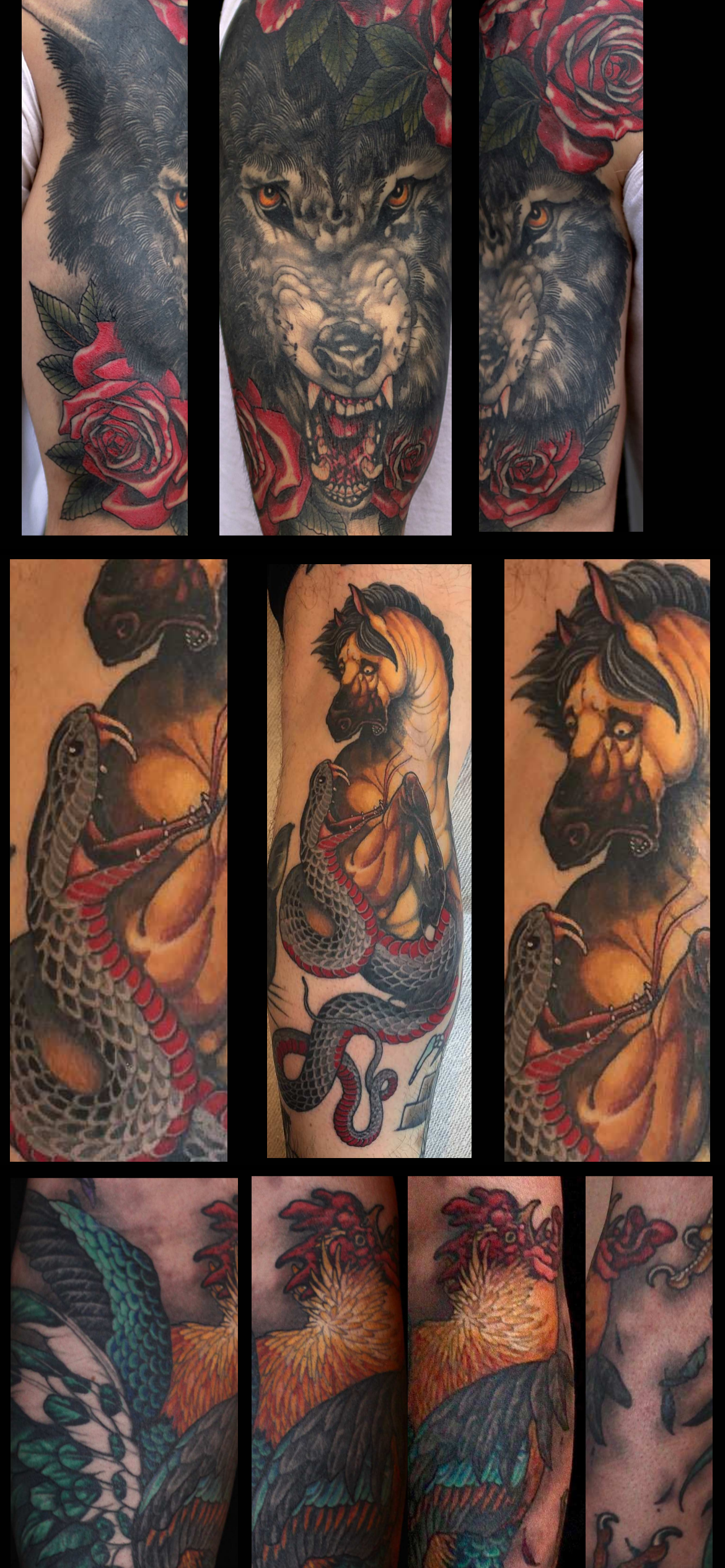 Multiple angles of Jason June's tattoo book showing work throughout the years.