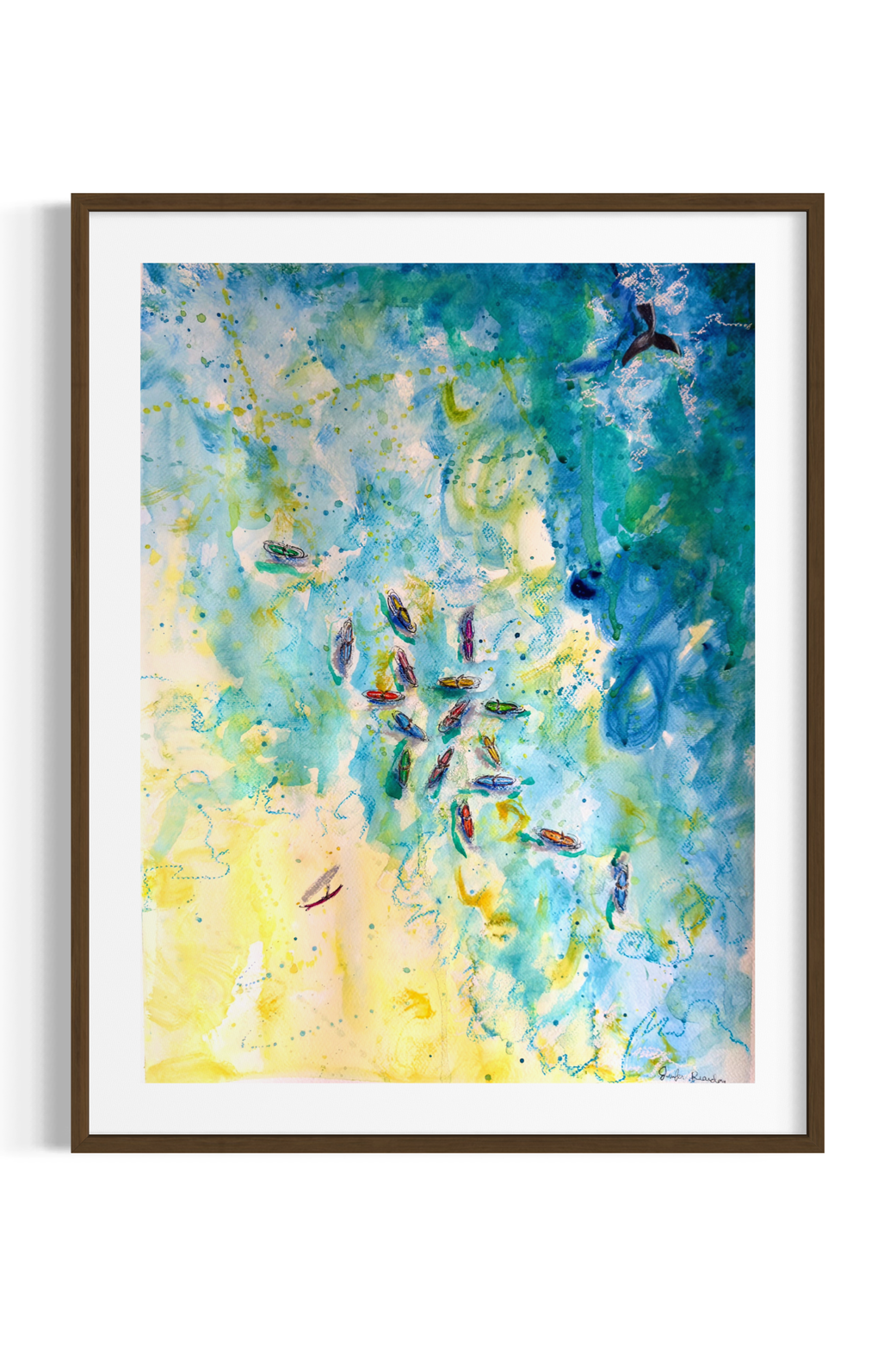 Abstract watercolor painting with boats and a whale in water, featuring blue, green, yellow, and black colors.