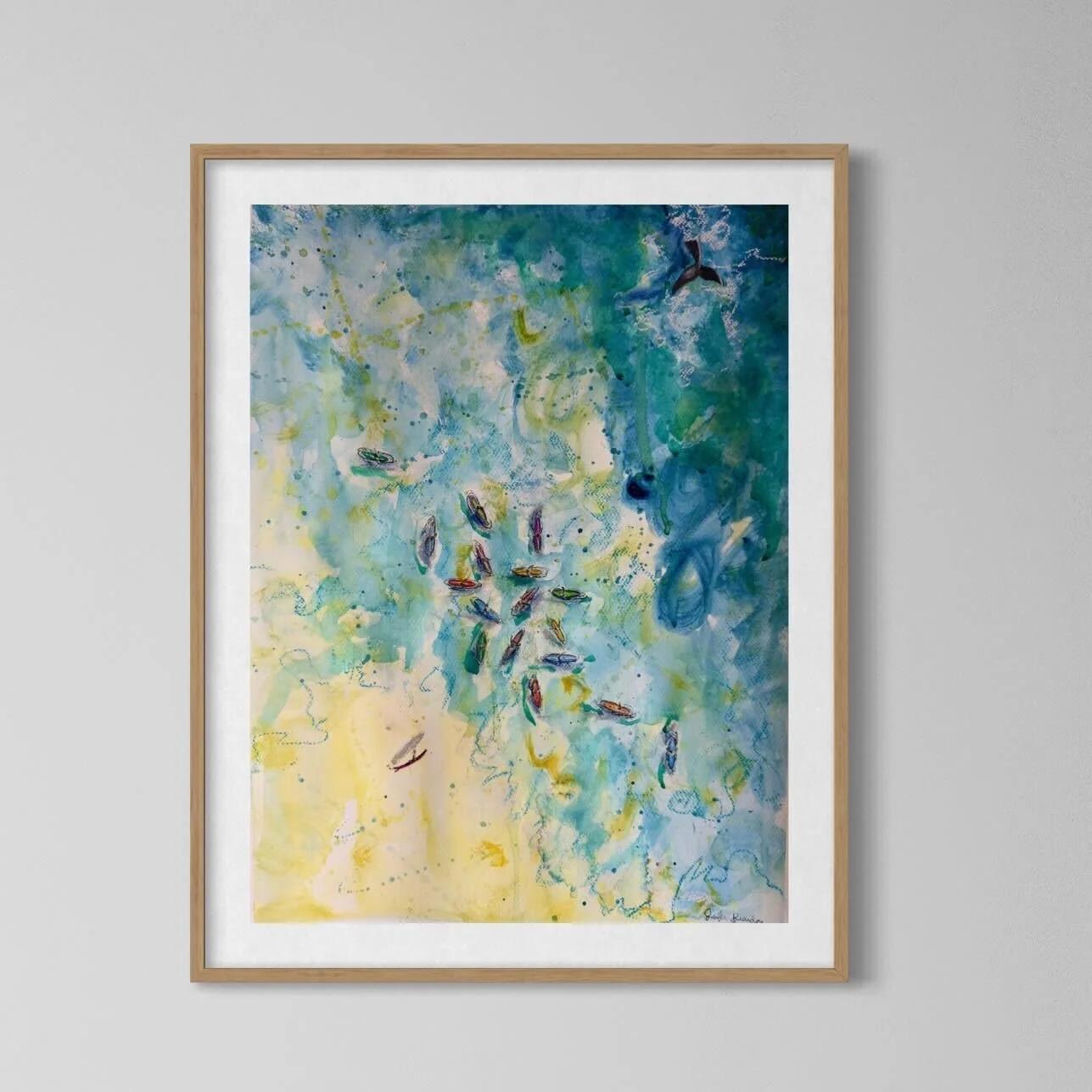 Abstract watercolor painting with shades of blue, green, and yellow, featuring small boats and a whale fin.