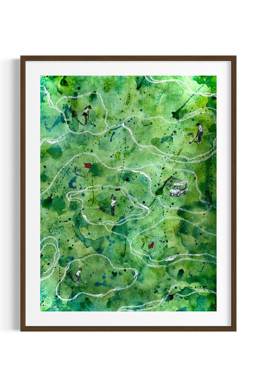 Watercolor painting of a miniature golf course with five people playing and a golf cart, featuring green background, white pathways, red flagholes, and silhouettes of trees.