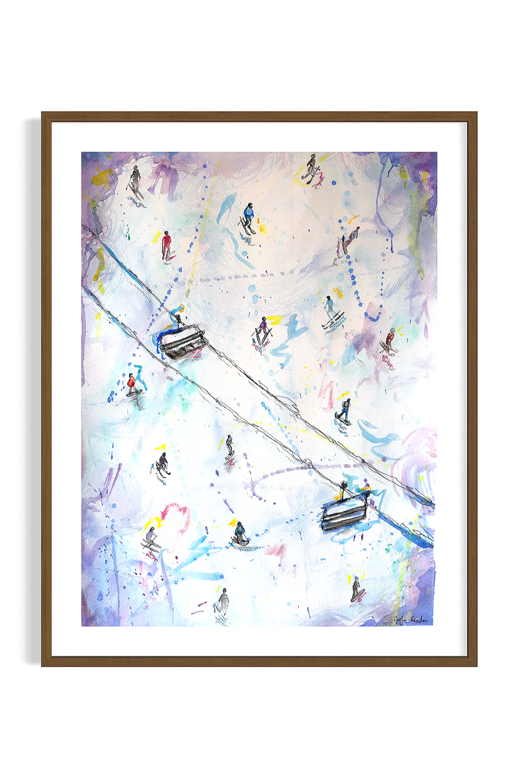 Watercolor painting of a ski resort with skiers and two ski lifts.