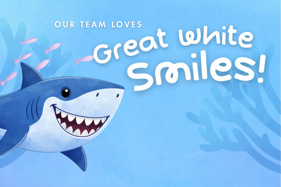 Great White Smiles graphic for National Children’s Dental Health Month featuring a smiling shark and ocean theme at All About Kids Pediatric Dentistry.