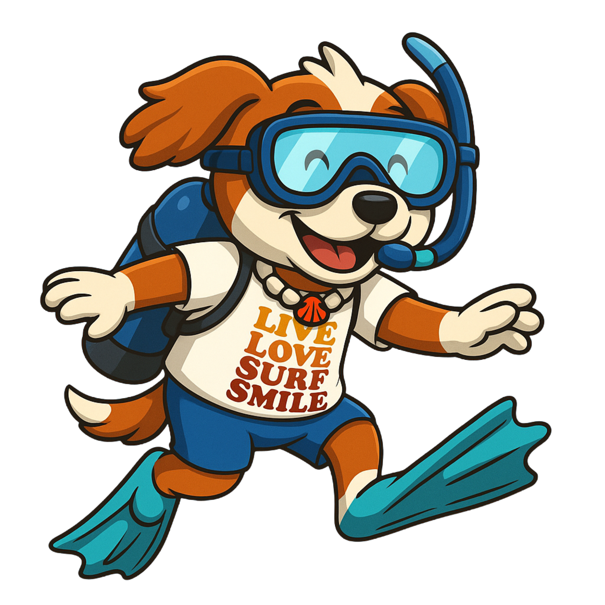 All About Kids Pediatric Dentistry mascot wearing snorkel gear and flippers with a surf themed smile message, representing fun kid friendly dental care.