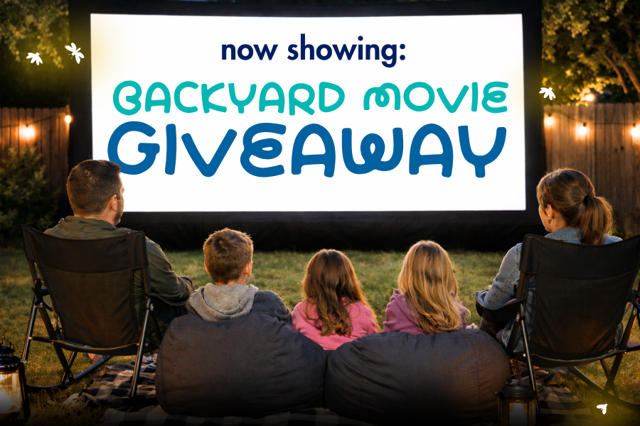 Family watching an outdoor movie night with text promoting All About Kids Pediatric Dentistry backyard movie giveaway referral contest.