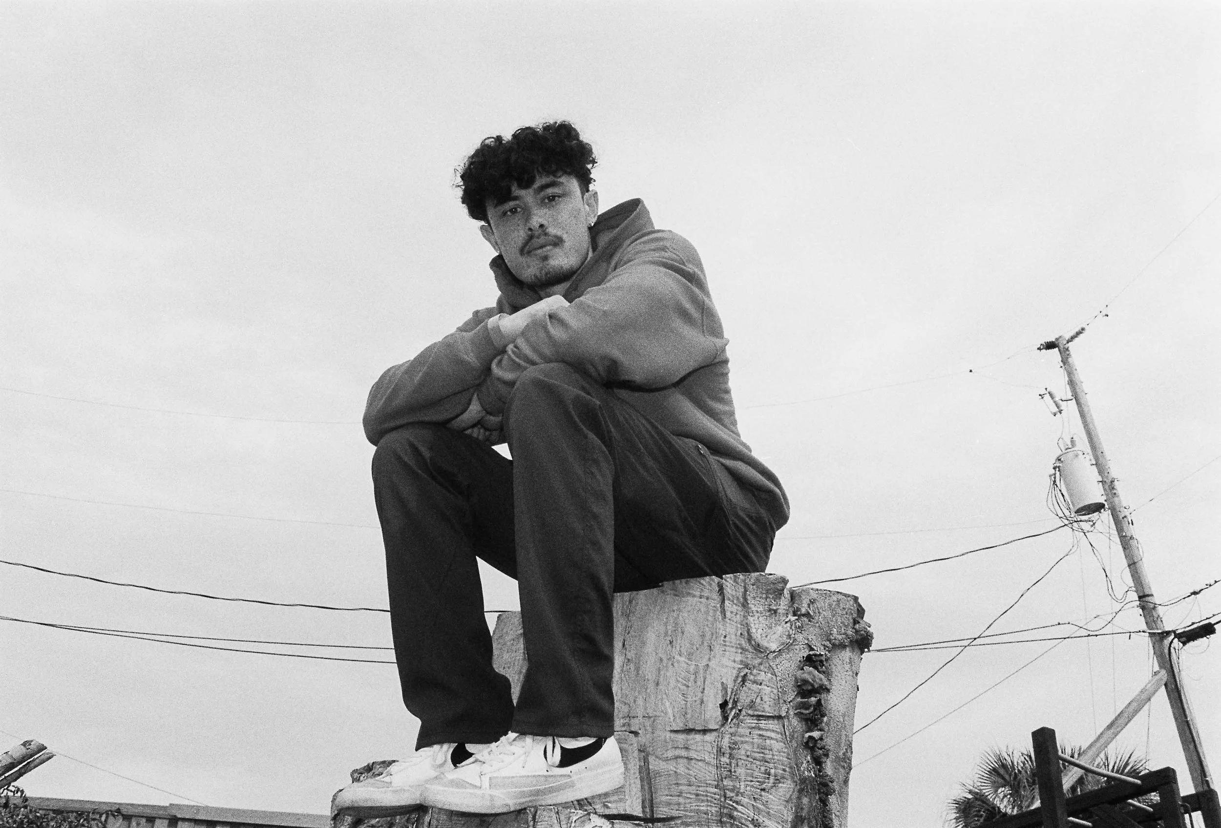 A young man with curly hair and facial hair sitting on a tree stump outdoors, wearing a hoodie, jeans, and sneakers, with power lines and a utility pole visible in the background.