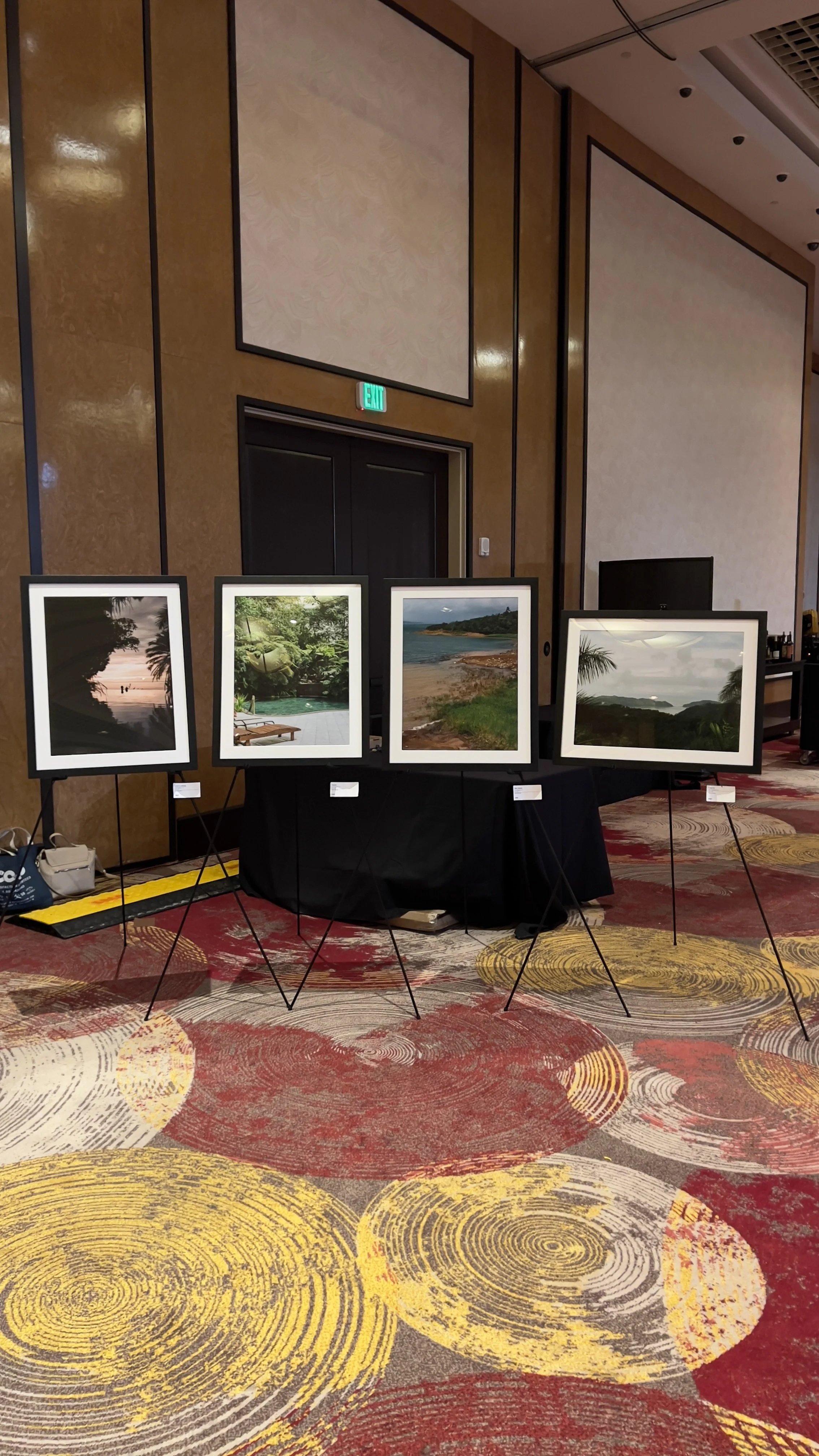 Exhibition of five landscape photographs displayed on easels in a gallery or conference room with a patterned red, yellow, and beige carpet, and beige walls with black frame accents.