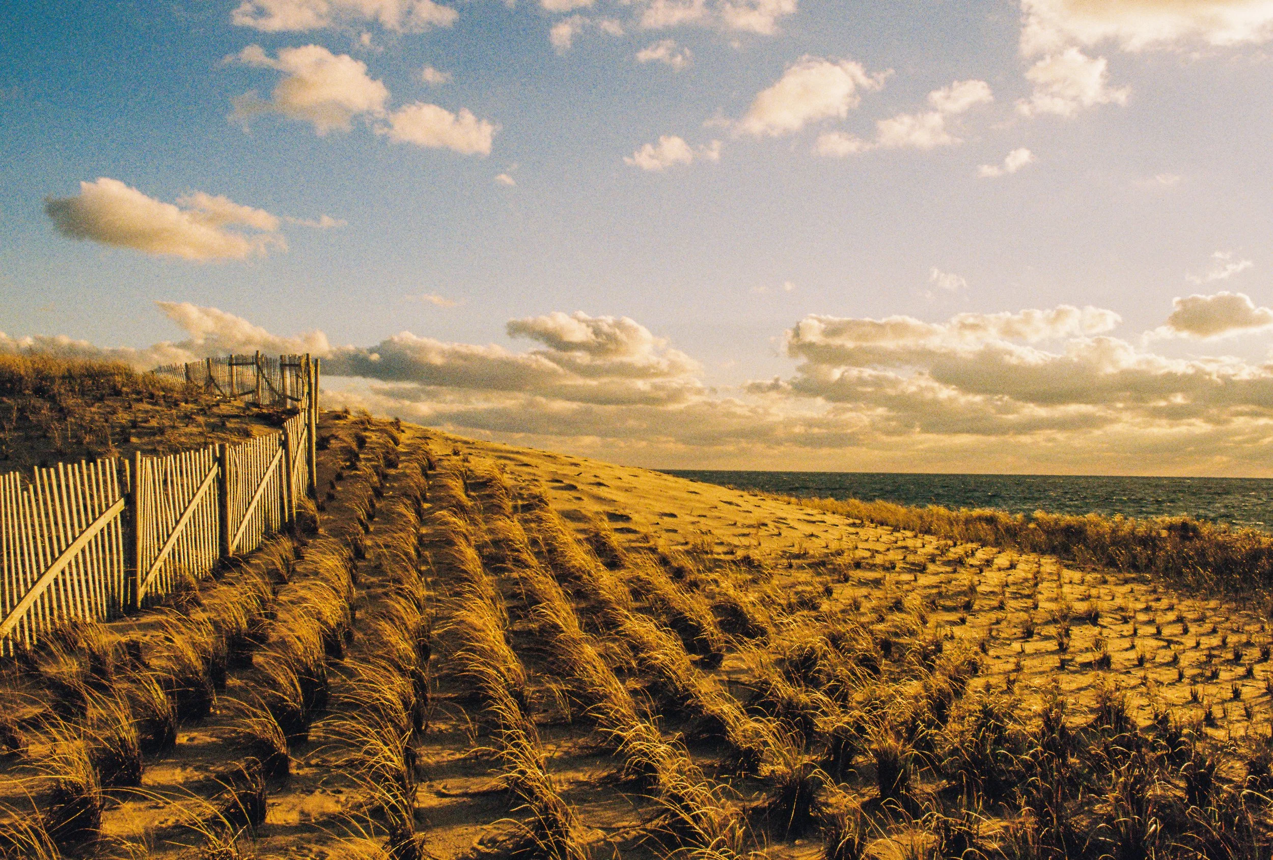 A sandy beach with a hill covered in yellow grass and a wooden fence running along the top. The sky is partly cloudy with the sun setting or rising, creating a warm glow over the scene. The ocean is visible in the background.