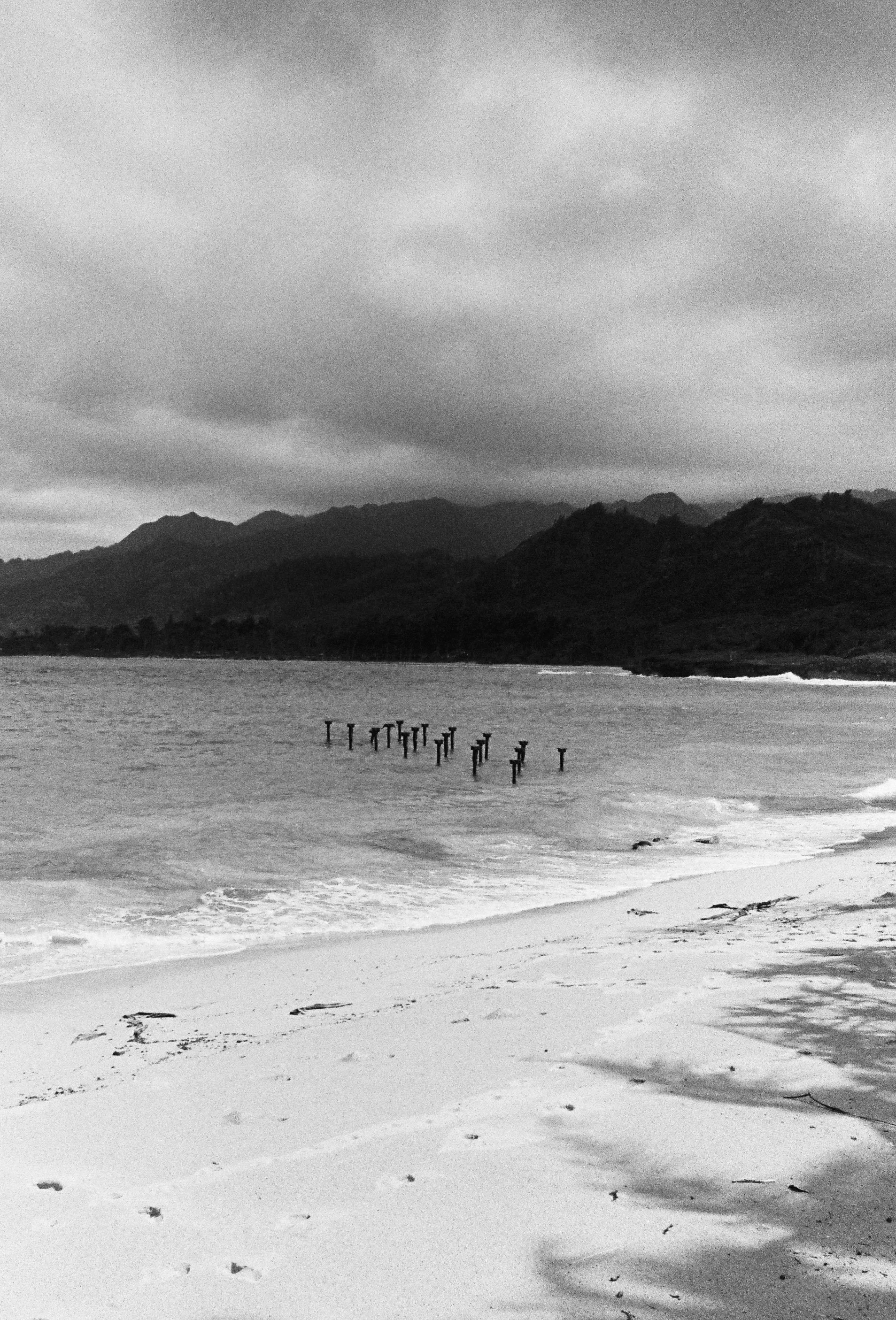 A black-and-white photo of a beach with gentle waves, distant mountains, and an overcast sky. There are remnants of wooden pilings in the water.