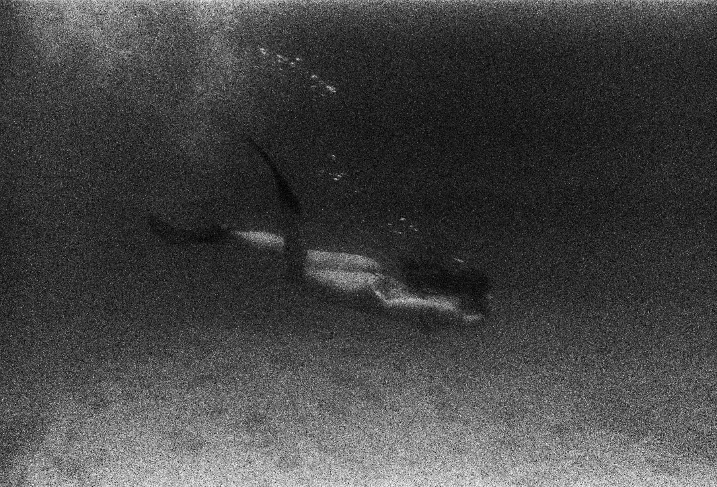 A black and white image of a beautiful woman swimming underwater with bubbles around her.
