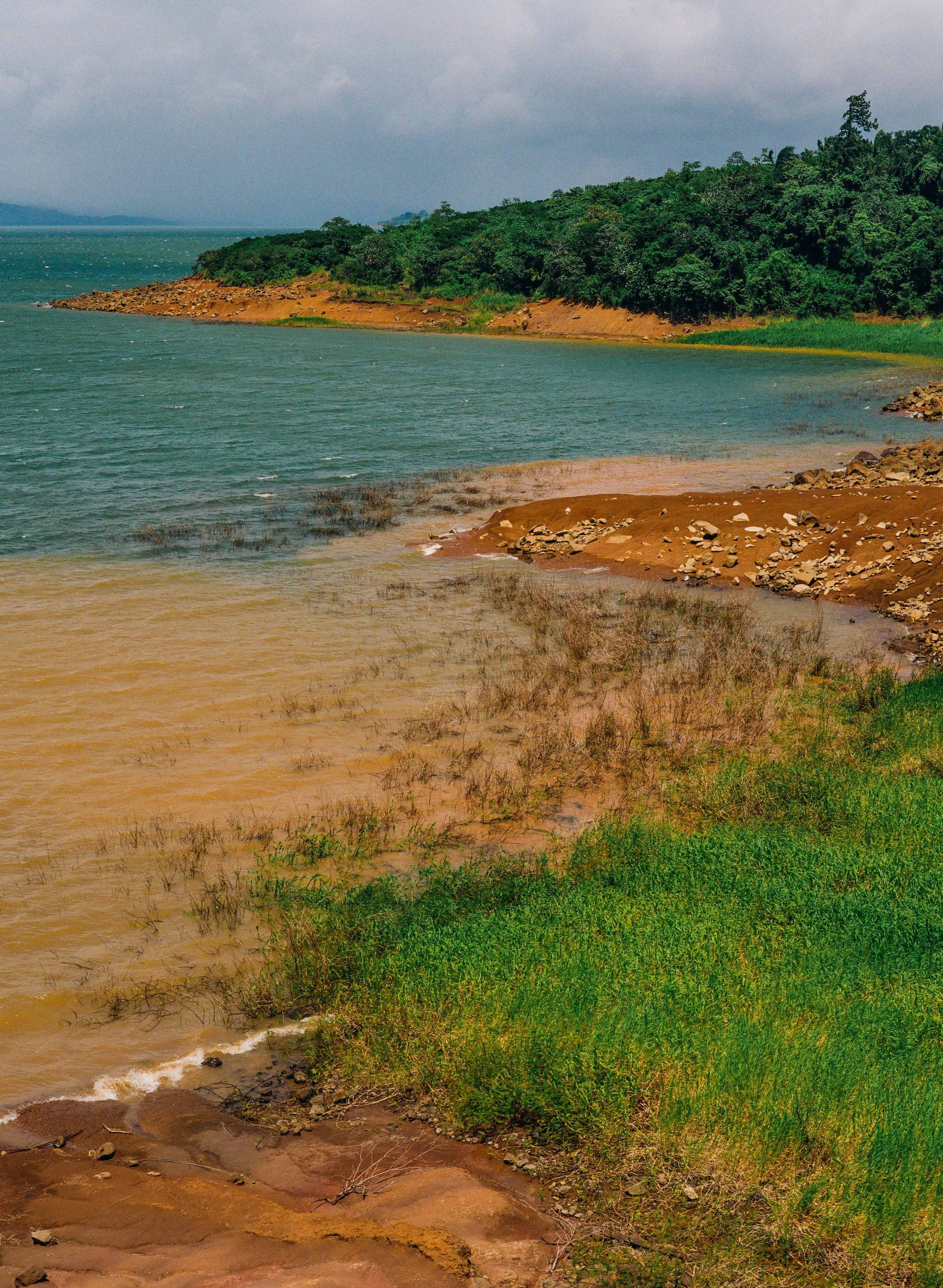 A landscape featuring a body of water, a rocky shoreline, and lush green trees on a hill under a cloudy sky.