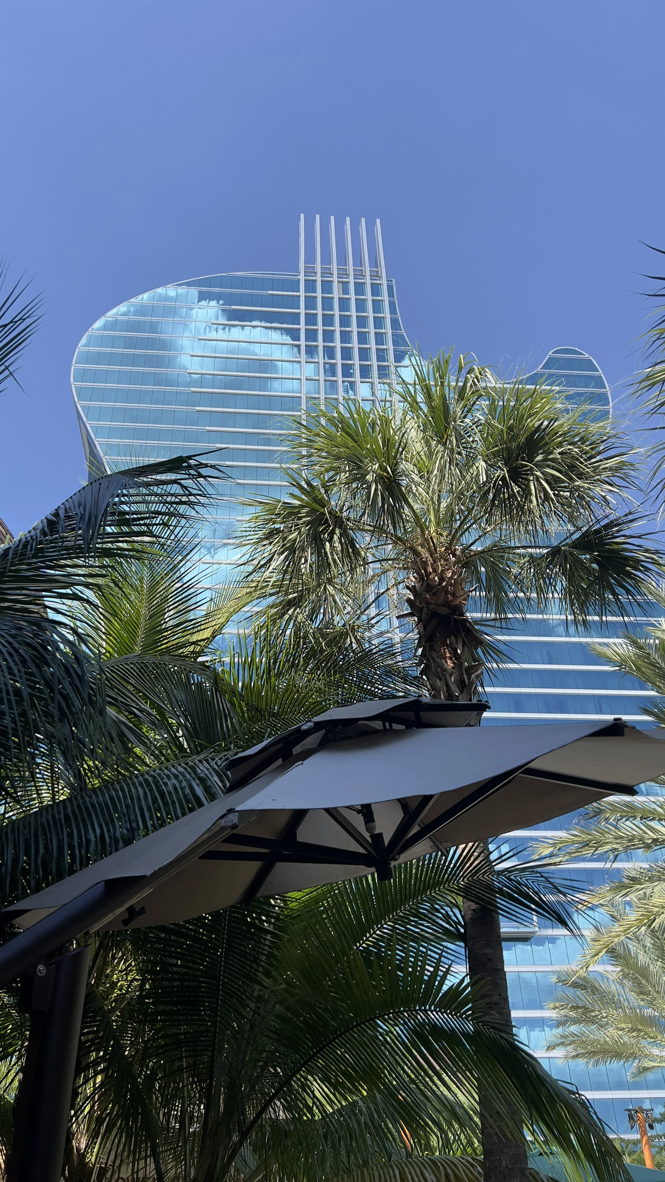 A modern glass skyscraper with a reflective surface, surrounded by palm trees and a patio umbrella, against a clear blue sky.