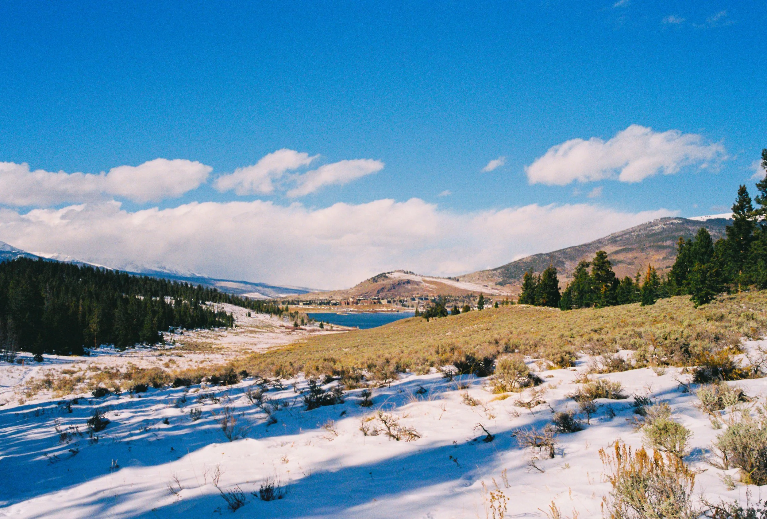 Snow-covered landscape with bushes in the foreground, a forested hillside on the left, a lake in the middle, and mountains in the background under a partly cloudy blue sky.